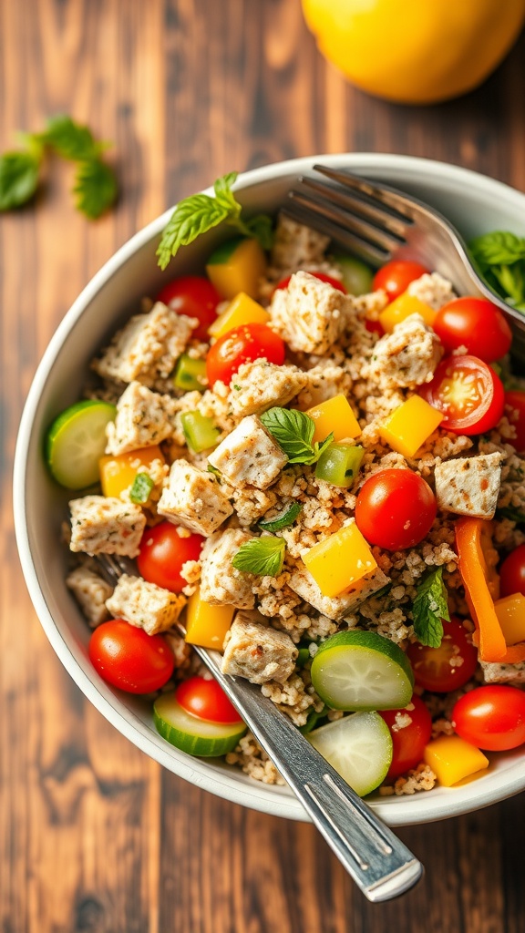 A colorful bowl of tuna and quinoa salad with cherry tomatoes and cucumber, garnished with lemon vinaigrette.